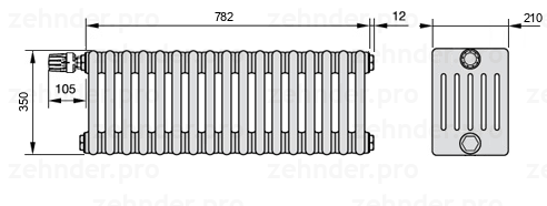 Схема (чертеж) Радиатор Zehnder Charleston 6035/17 №V012 Белый глянцевый RAL 9016